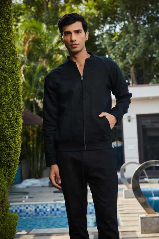 Nevil- Black Linen Bomber Jacket Set-0