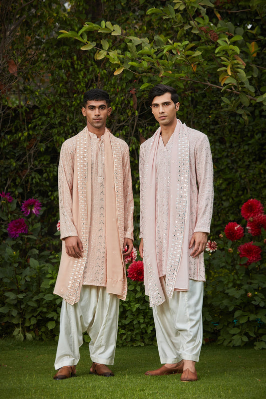 MAHIRA & SARVA- LIGHT PINK & ROSE GOLD CHIKANKARI KURTA SETS-0