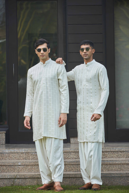 Tarusa & Jiva- Off White Chikankari Kurta Sets-0