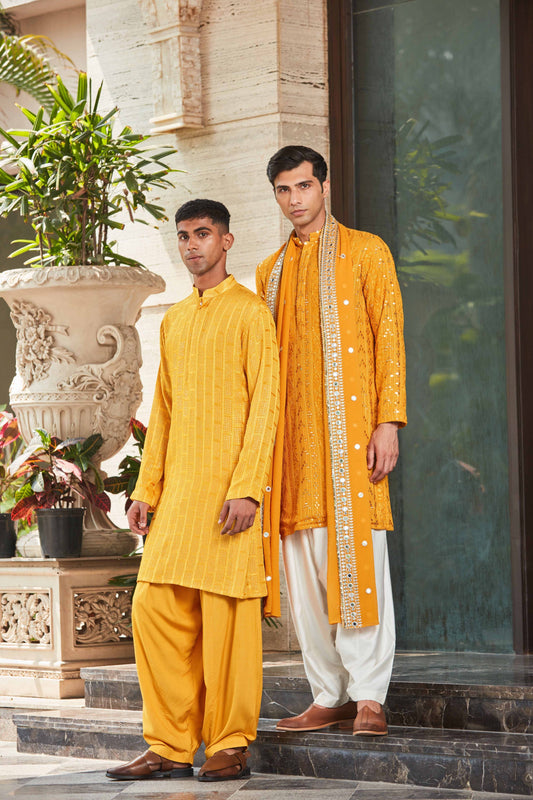 Yug & Dhruva- Mustard Chikankari Kurta Sets-0