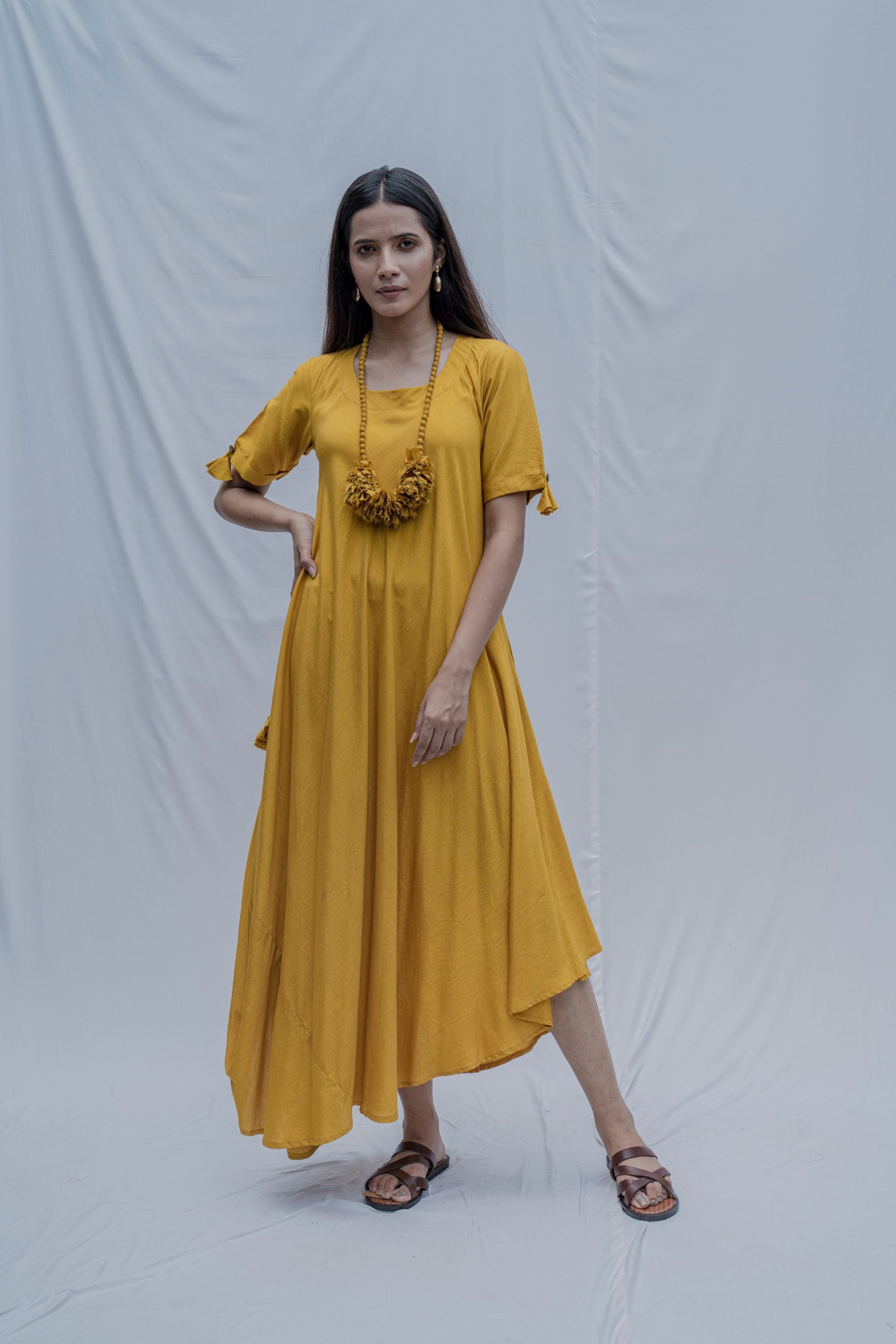 Mustard Bias Dress with Necklace-0