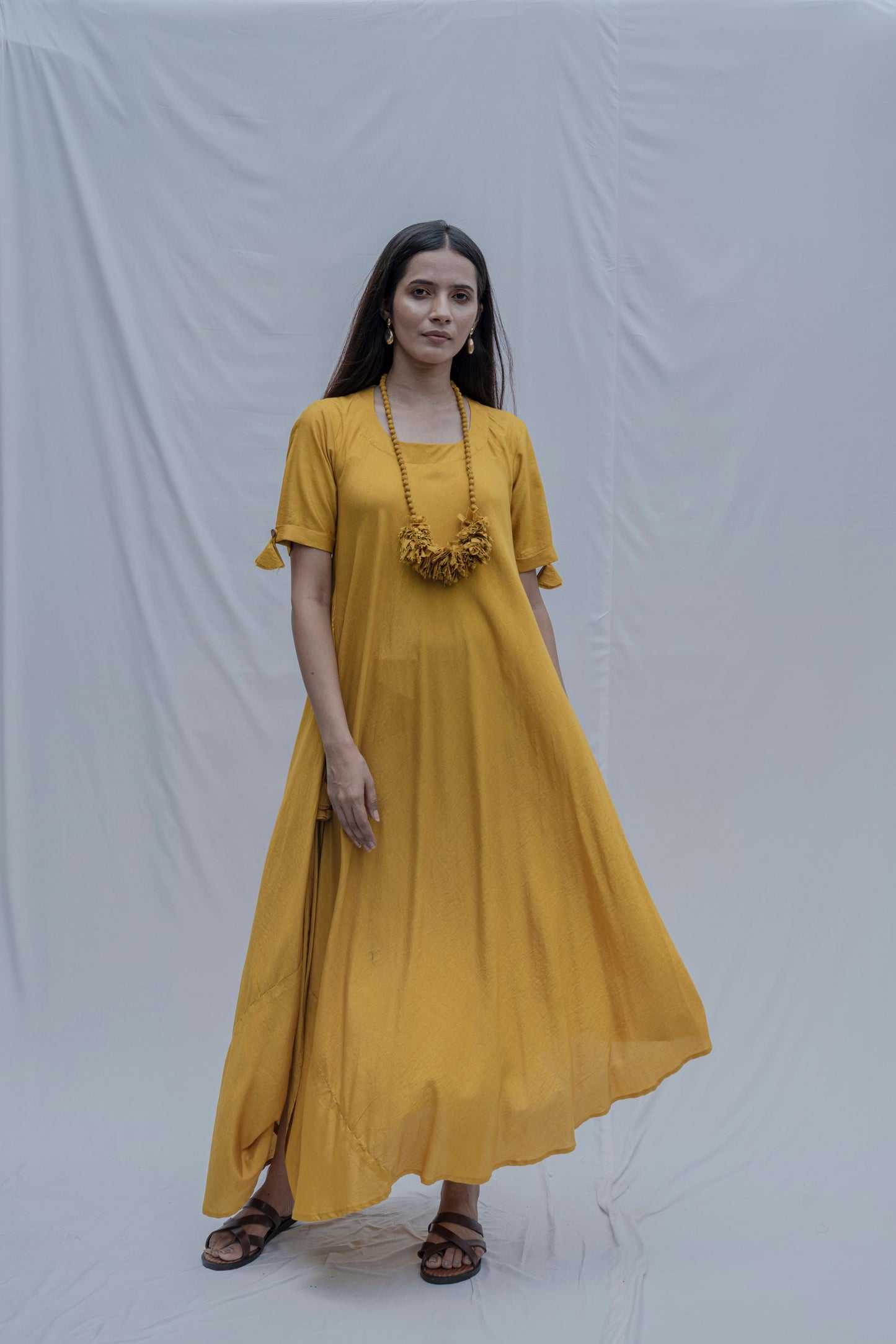 Mustard Bias Dress with Necklace-1