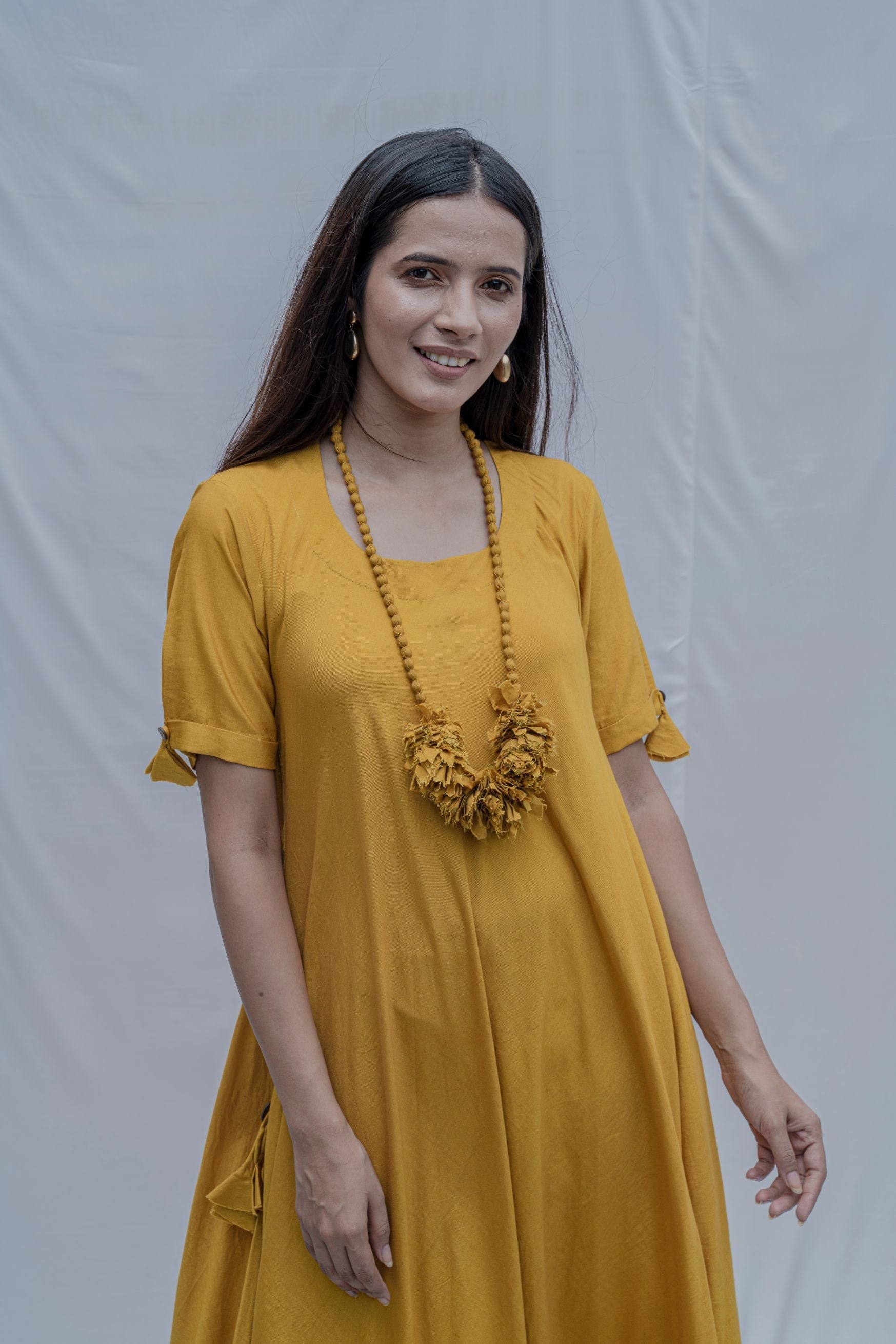 Mustard Bias Dress with Necklace-3