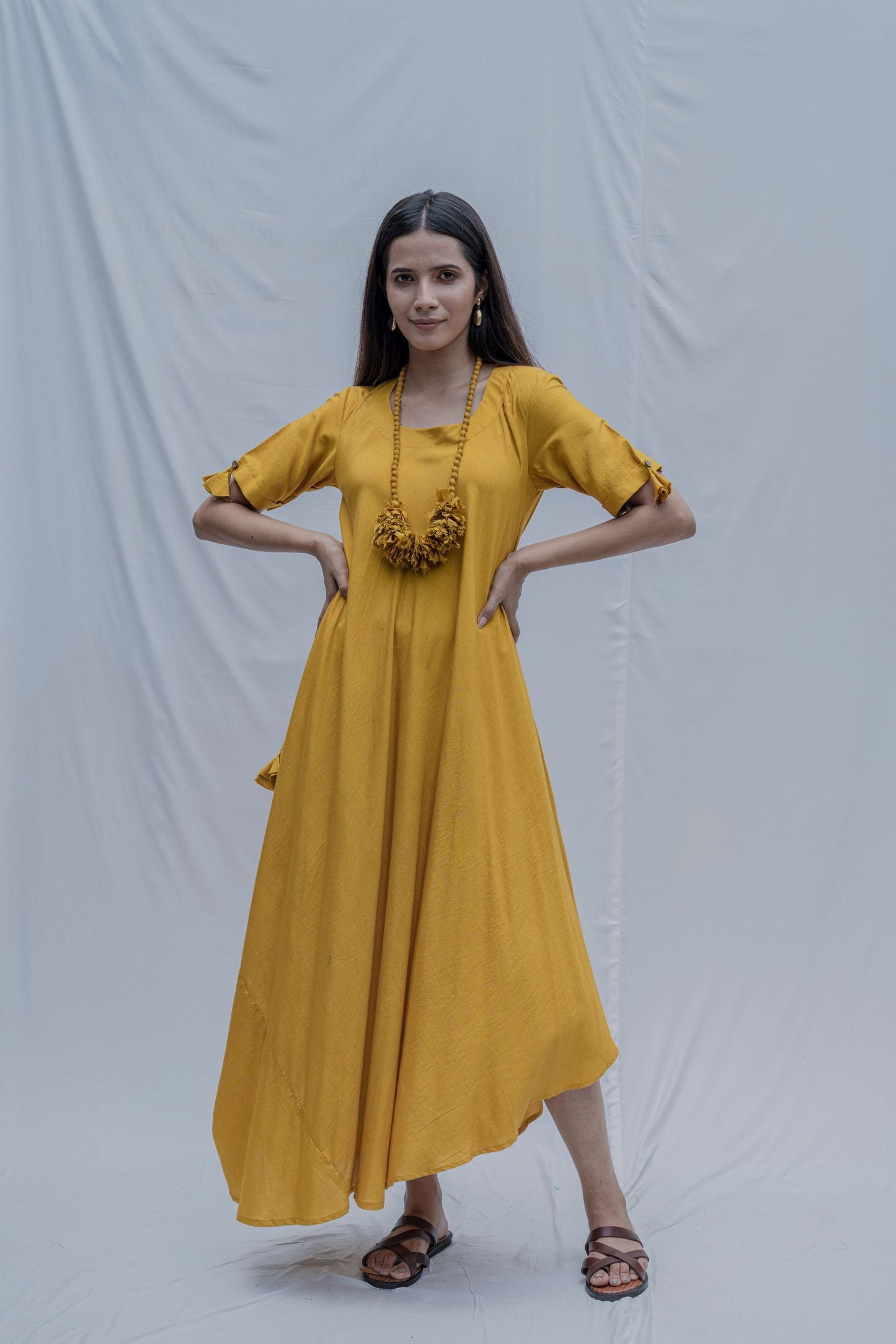 Mustard Bias Dress with Necklace-4