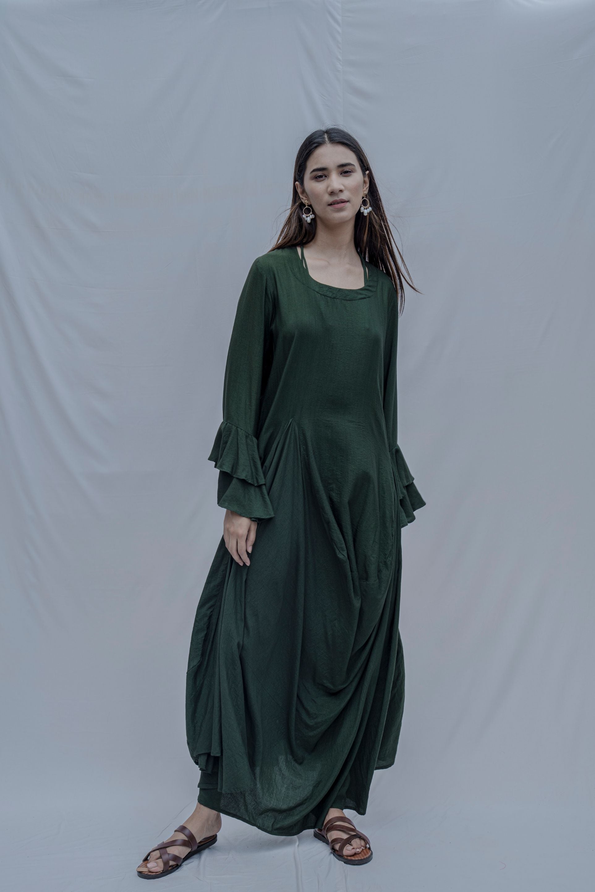 Bottle Green Asymmetric Cowl & Necklace Dress-0