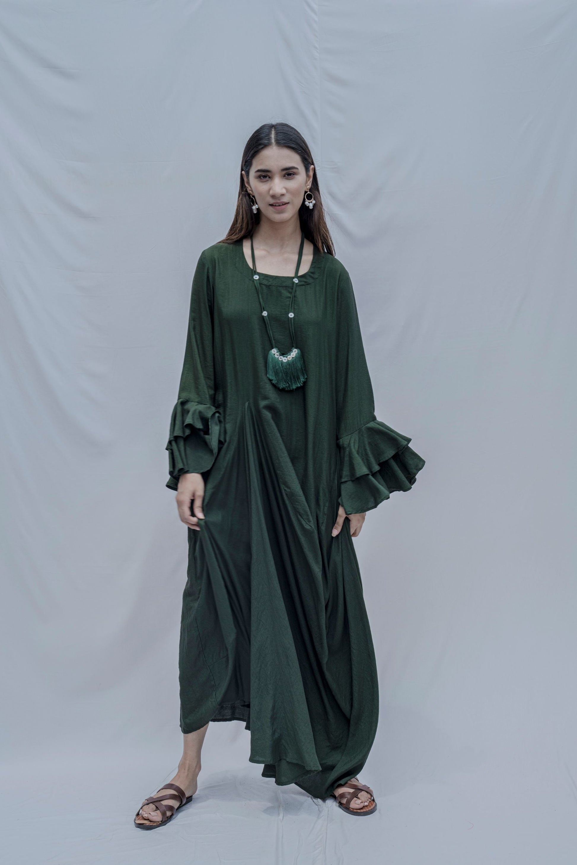 Bottle Green Asymmetric Cowl & Necklace Dress-1