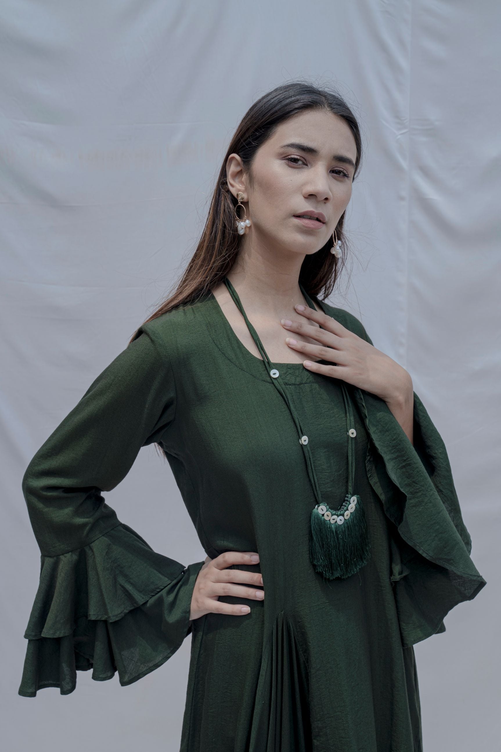 Bottle Green Asymmetric Cowl & Necklace Dress-2