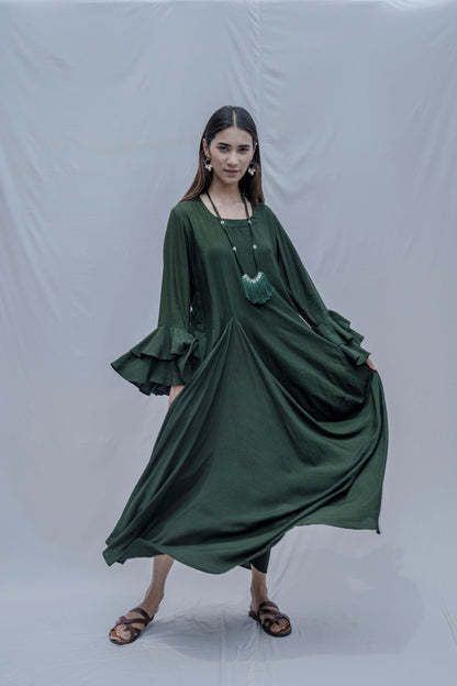 Bottle Green Asymmetric Cowl & Necklace Dress-3