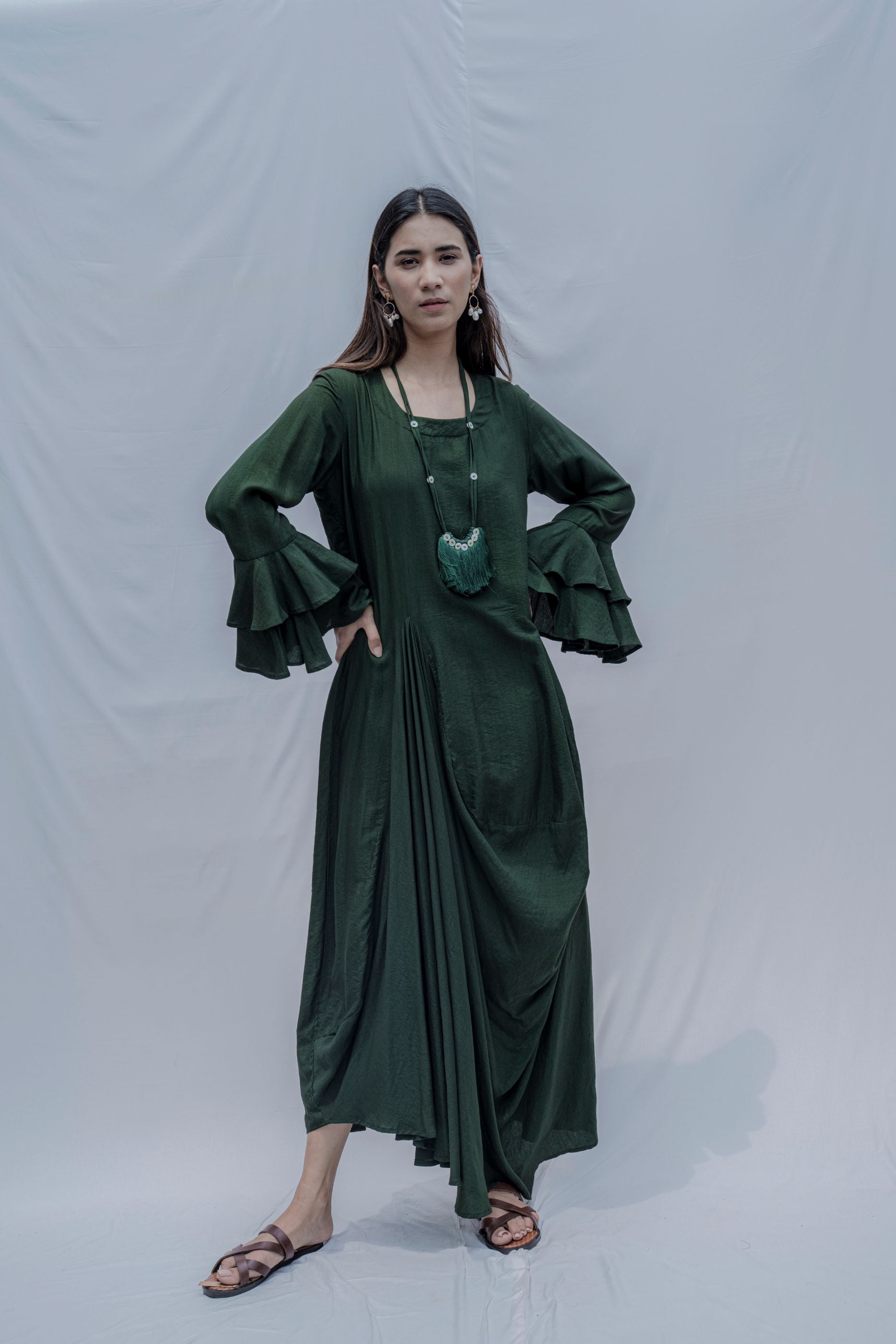 Bottle Green Asymmetric Cowl & Necklace Dress-4