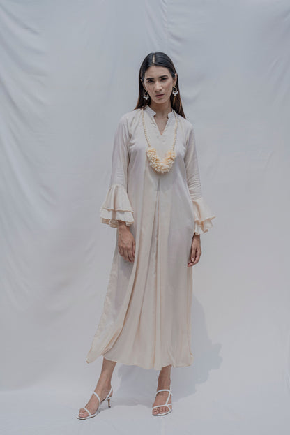 Off-White Front Pleated Dress with Bell Sleeves & Necklace-0