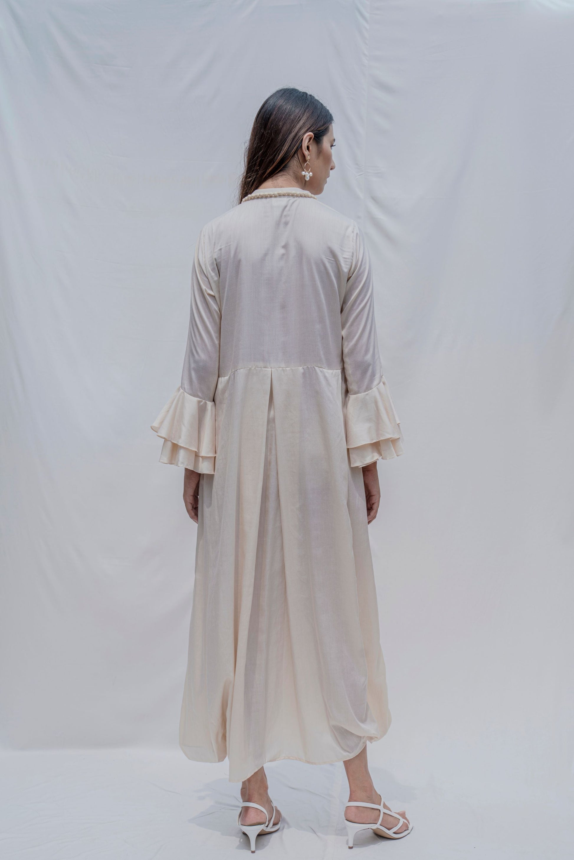 Off-White Front Pleated Dress with Bell Sleeves & Necklace-2