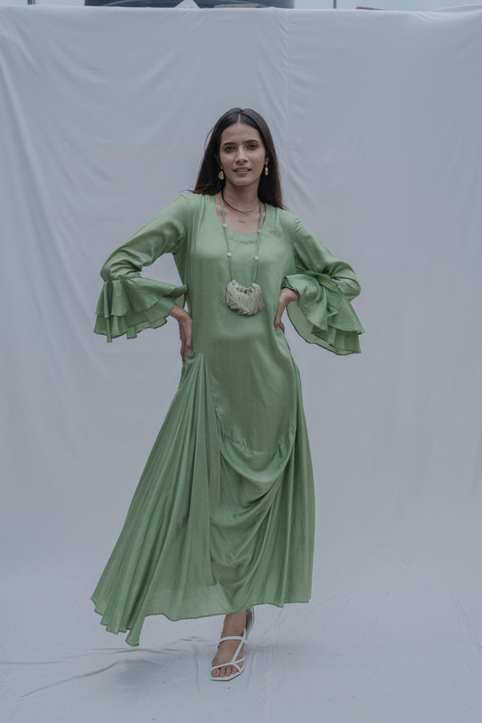 Light Green Front Pleated Dress with Bell Sleeves & Necklace-0