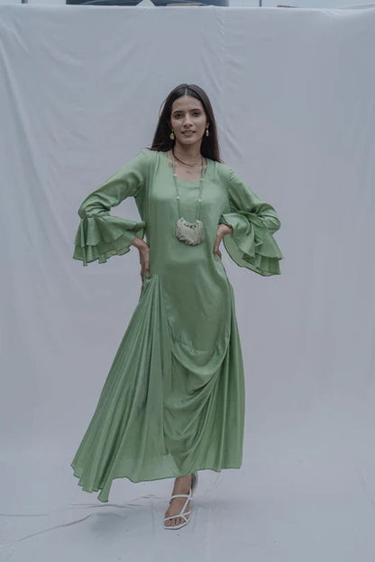 LIGHT GREEN FRONT PLEATED DRESS WITH BELL SLEEVES & NECKLACE-0