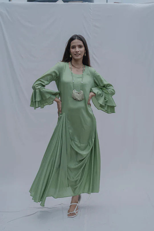 LIGHT GREEN FRONT PLEATED DRESS WITH BELL SLEEVES & NECKLACE-0