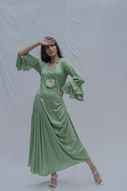 Light Green Front Pleated Dress with Bell Sleeves & Necklace-1