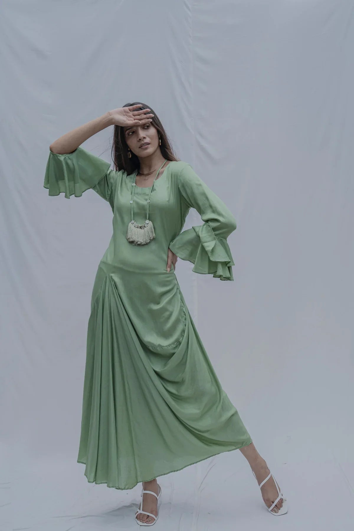 LIGHT GREEN FRONT PLEATED DRESS WITH BELL SLEEVES & NECKLACE-1