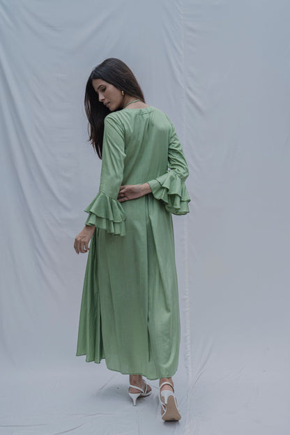 Light Green Front Pleated Dress with Bell Sleeves & Necklace-2