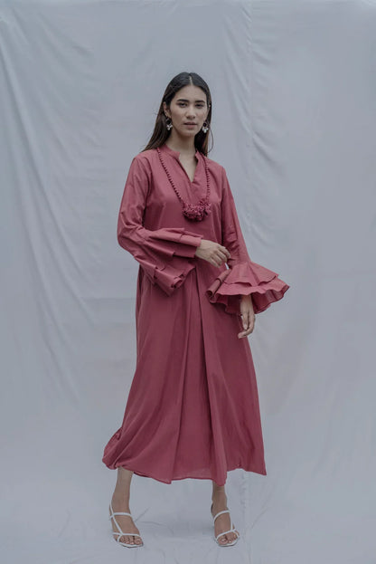 FRONT PLEATED DRESS WITH BELL SLEEVES IN RUST-0