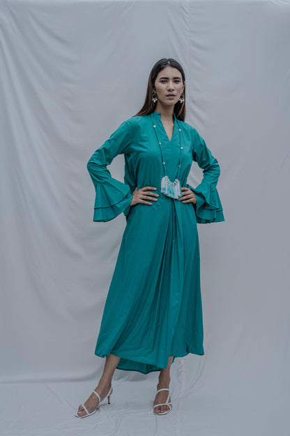 Turquoise Blue Front Pleated Dress with Bell Sleeves & Necklace-0