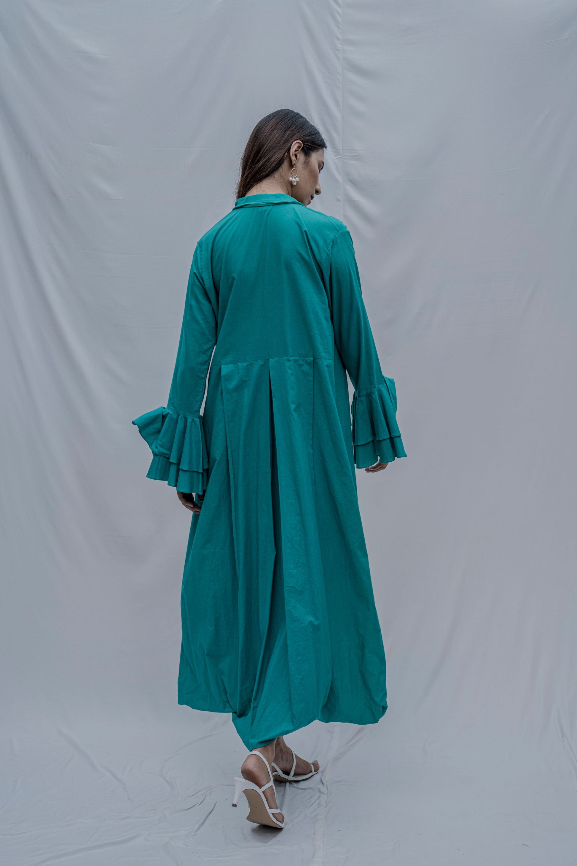 Turquoise Blue Front Pleated Dress with Bell Sleeves & Necklace-2