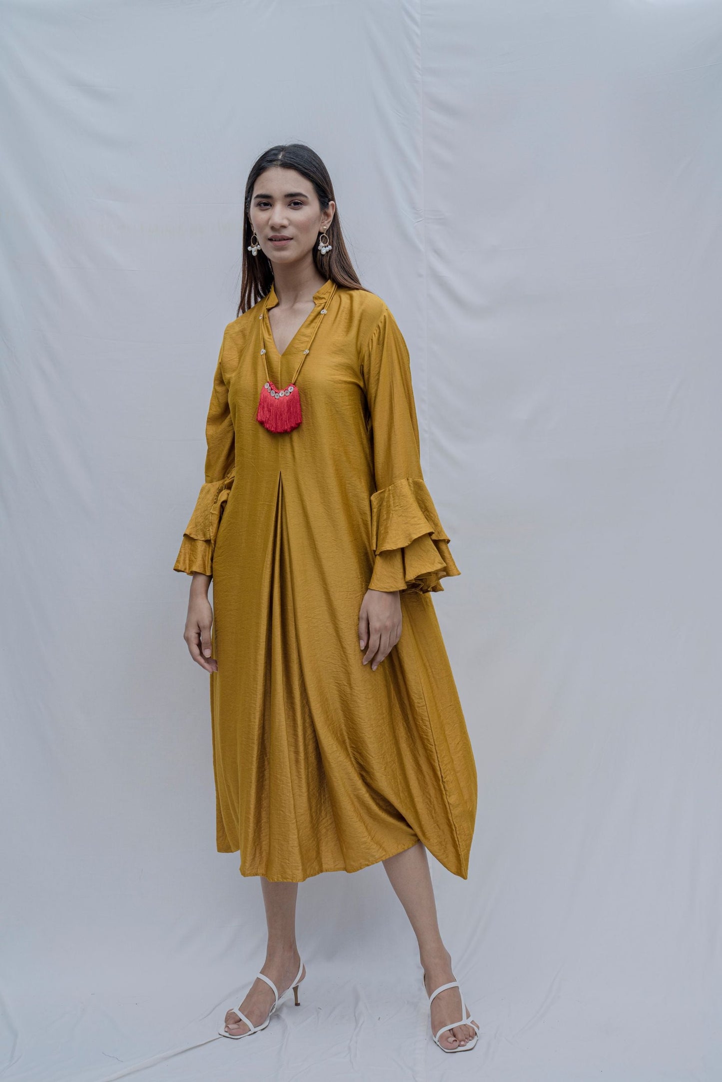 Mustard Front Pleated Cowl Dress With Bell Sleeve & Necklace-0