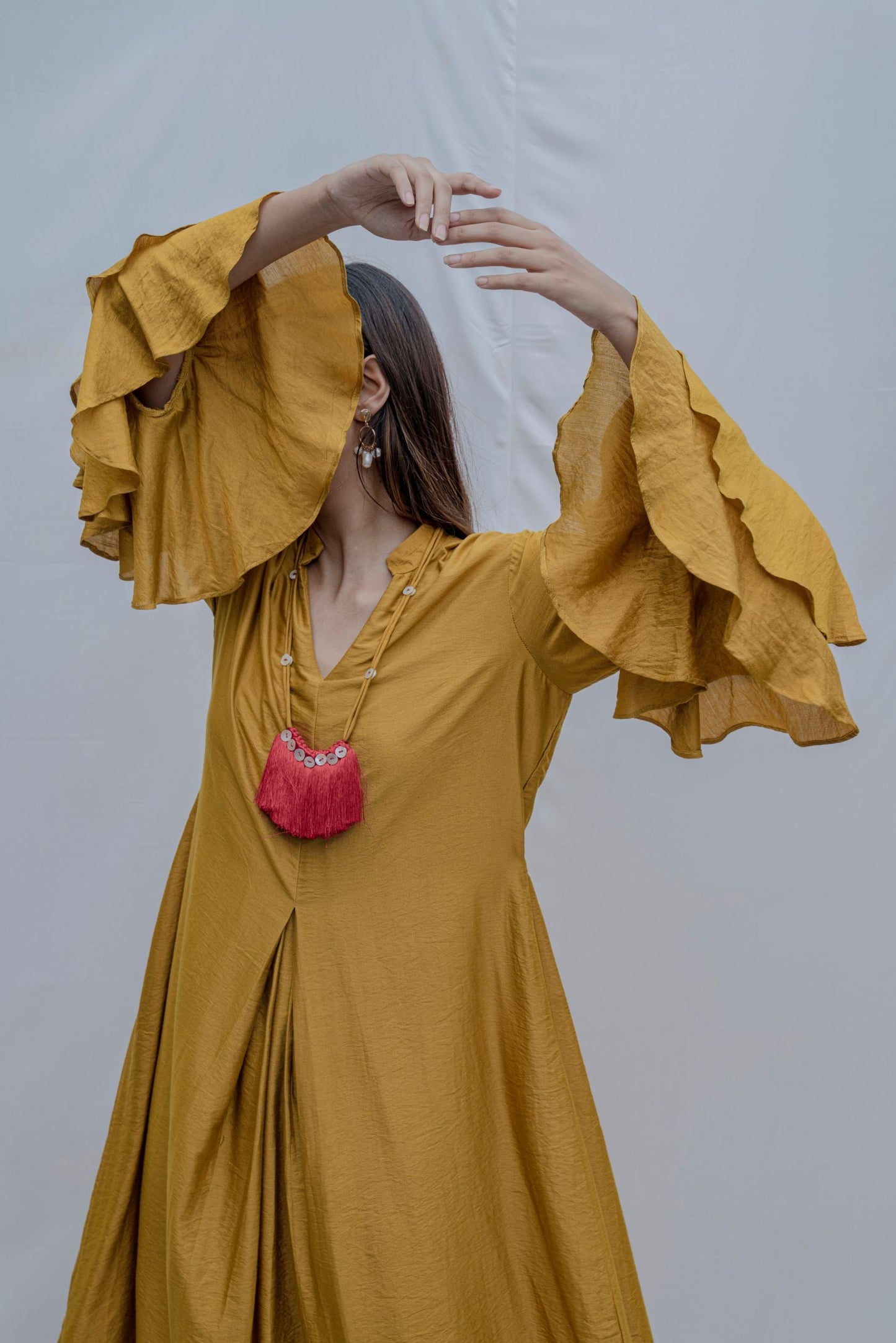 Mustard Front Pleated Cowl Dress With Bell Sleeve & Necklace-1