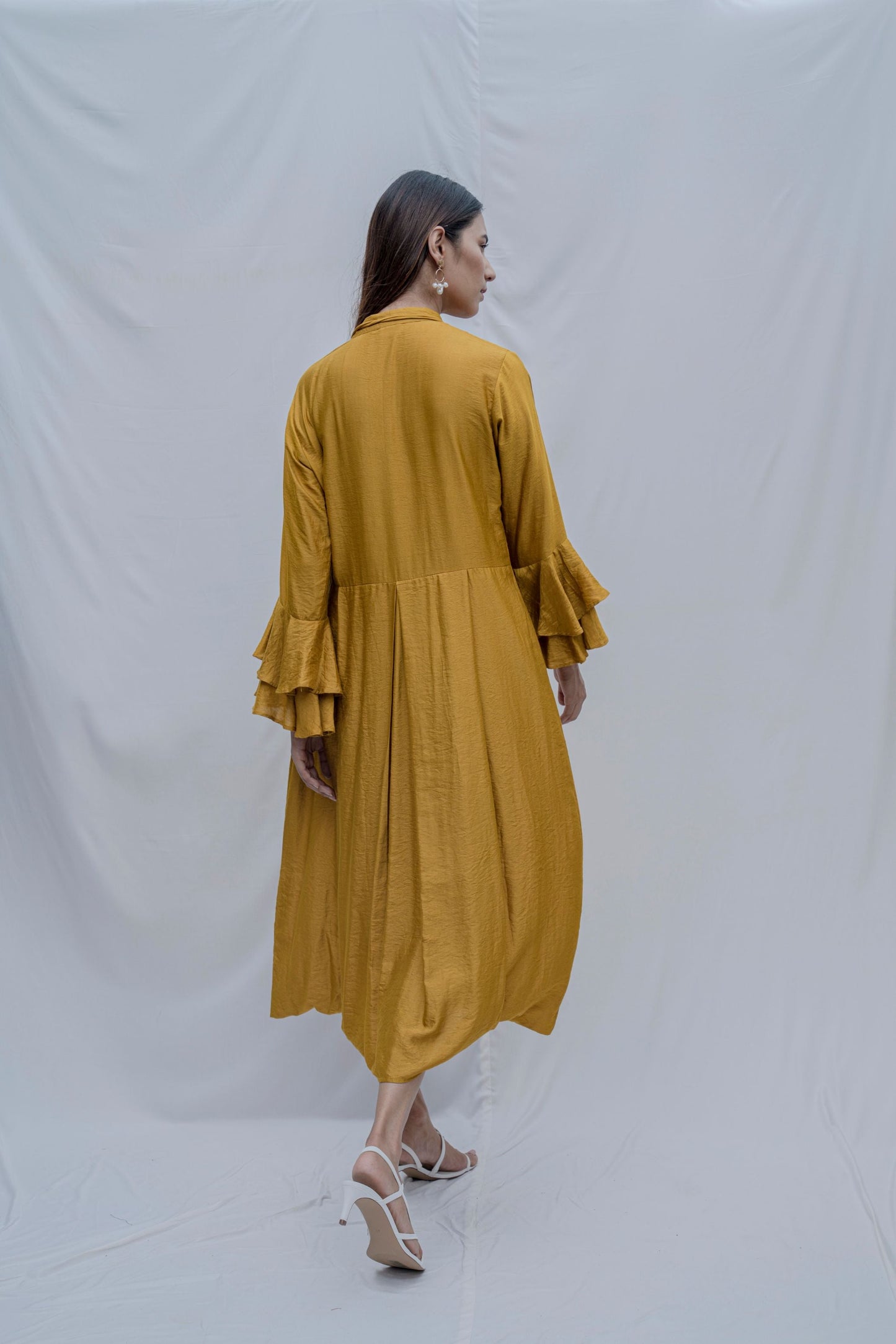 Mustard Front Pleated Cowl Dress With Bell Sleeve & Necklace-2