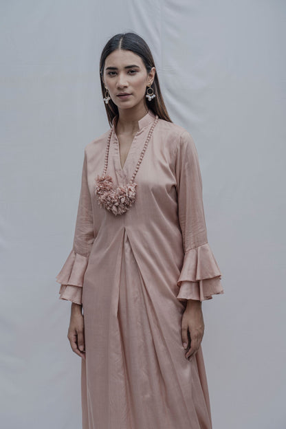 Rose Gold Front Pleated Dress with Bell Sleeves & Necklace-1