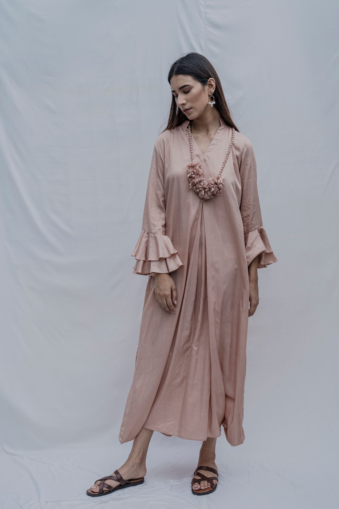 Rose Gold Front Pleated Dress with Bell Sleeves & Necklace-3