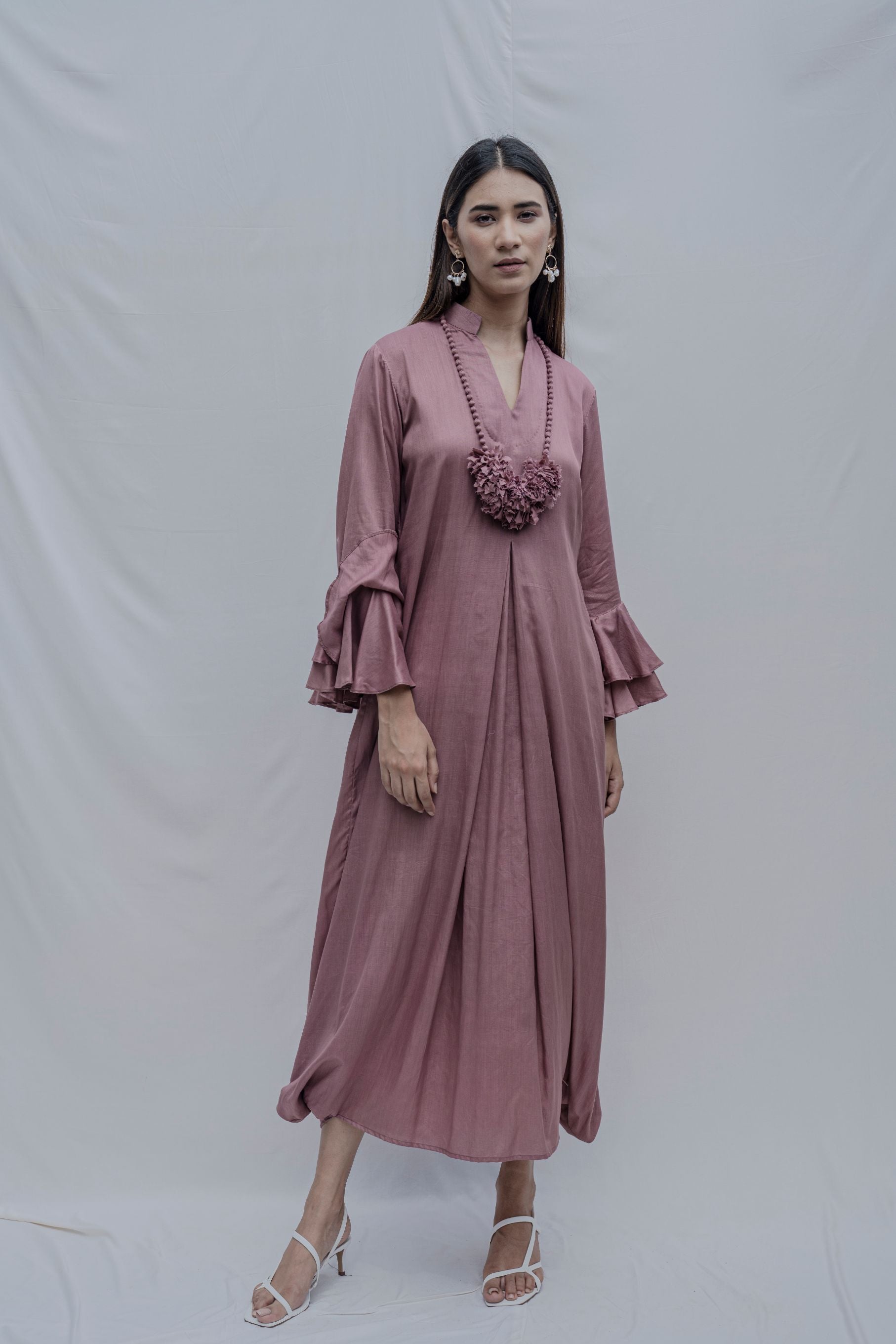 Mauve Front Pleated Dress with Bell Sleeves & Necklace-0