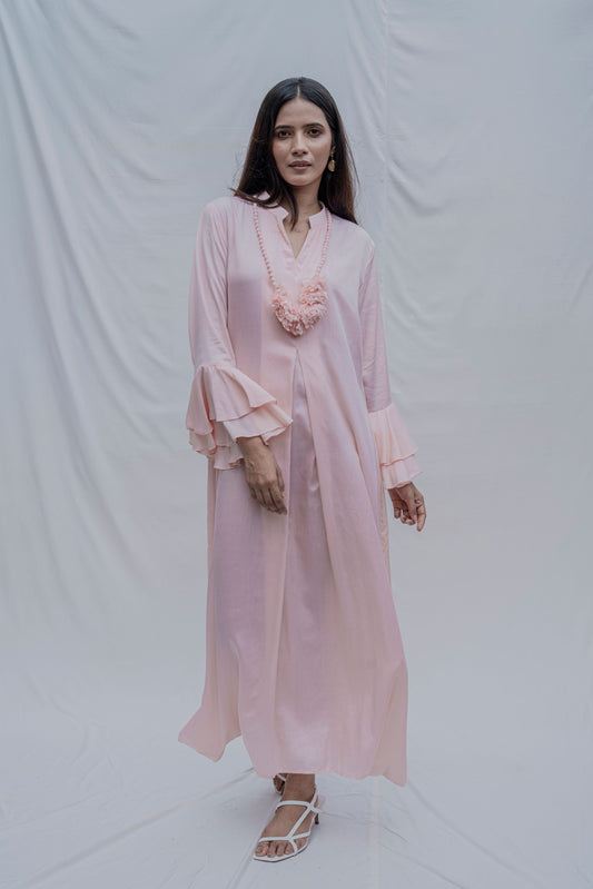 Light Pink Front Pleated Dress with Bell Sleeves & Necklace-0