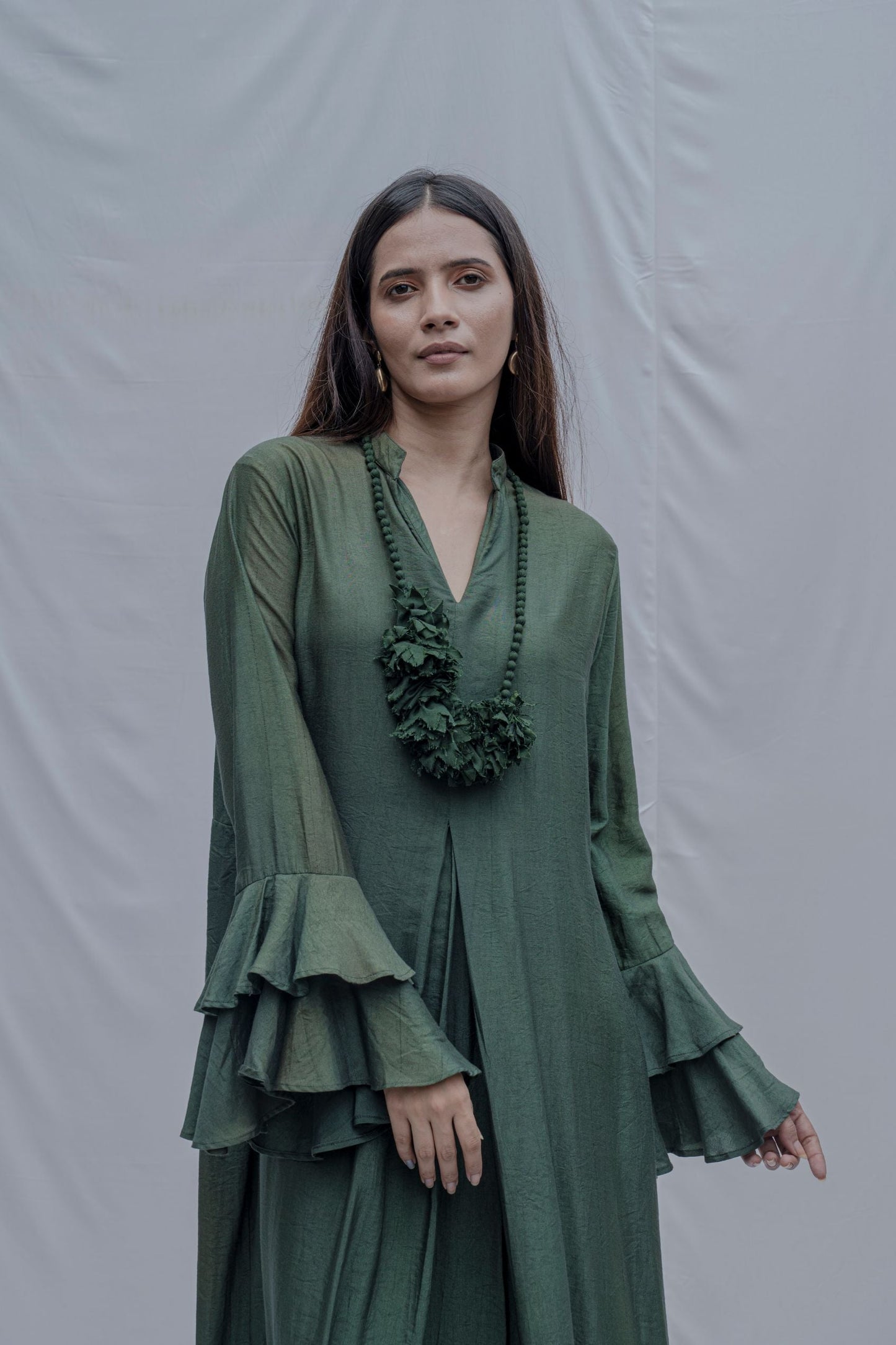 Bottle Green Front Pleated Dress with Bell Sleeves & Necklace-1