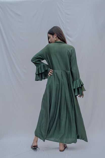 Bottle Green Front Pleated Dress with Bell Sleeves & Necklace-2