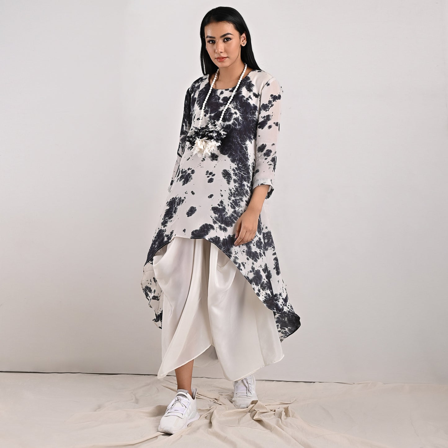 Erin - White & Balck Tie & Dye Cowl dress-0