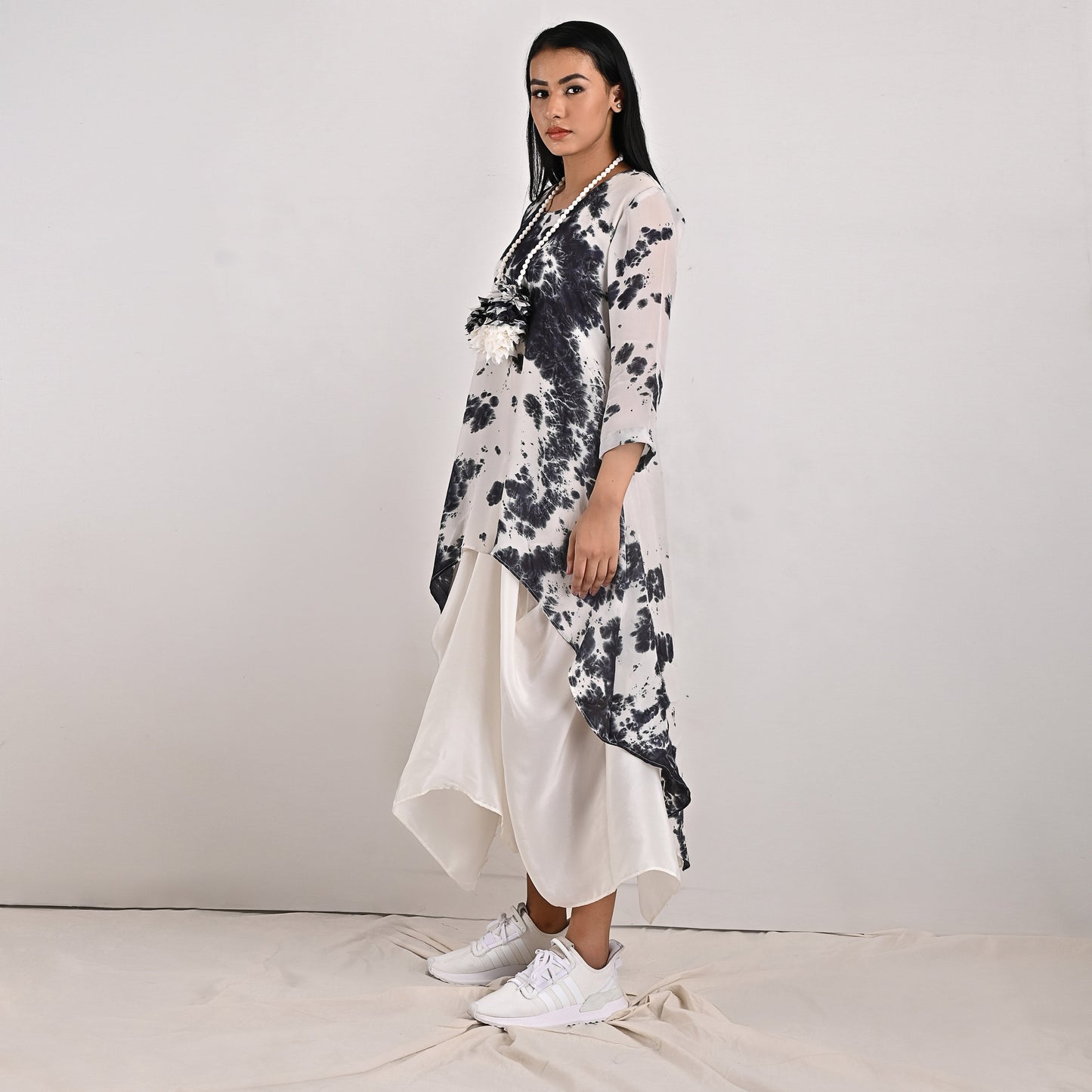 Erin - White & Balck Tie & Dye Cowl dress-1