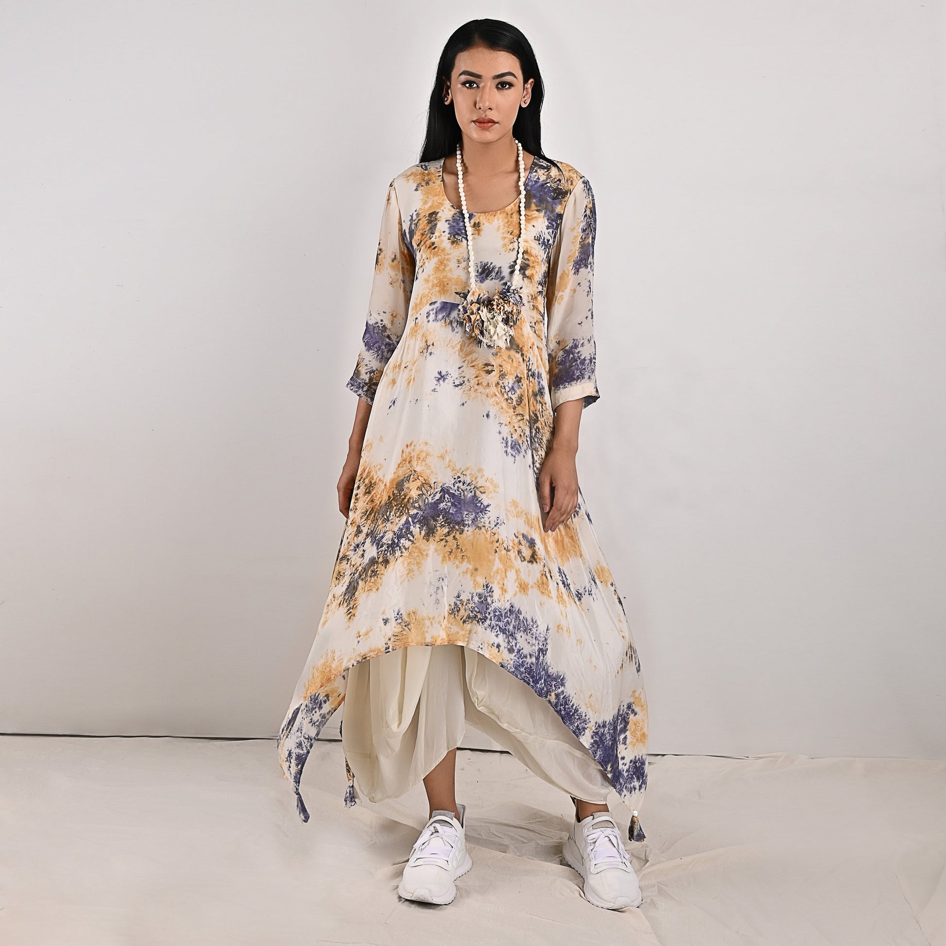 Cressida - Off-whit , Blue & Mustard Tie & Dye Cowl Dress-0