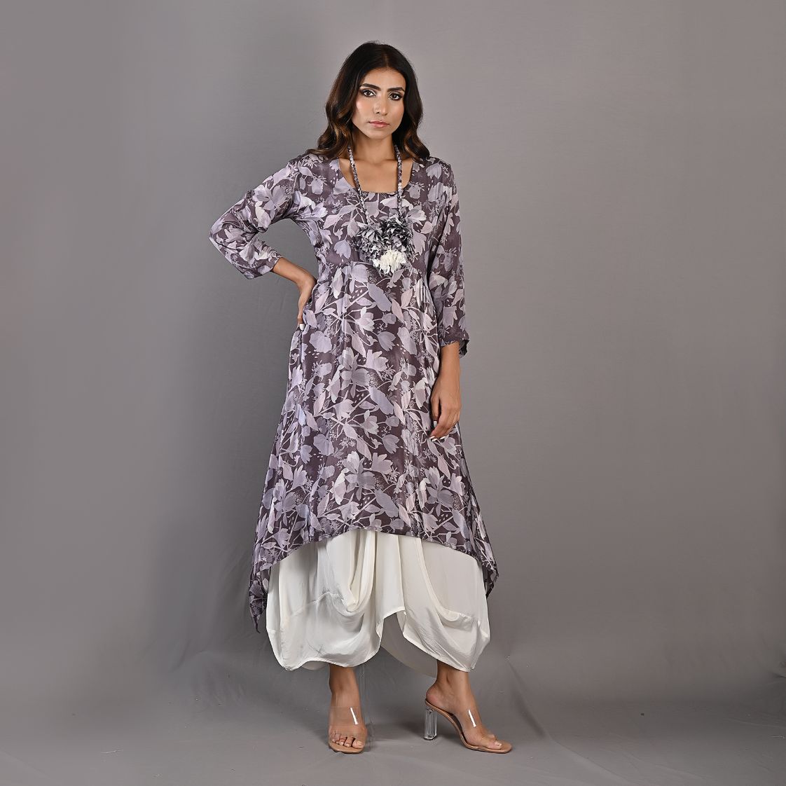 Rue- Mauve Floral Printed Cowl Dress with Neckless-1