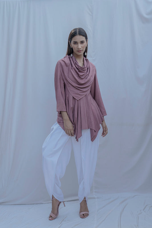 Dream Cowl Top in Mauve and Tulip Dhoti in White - Set-0