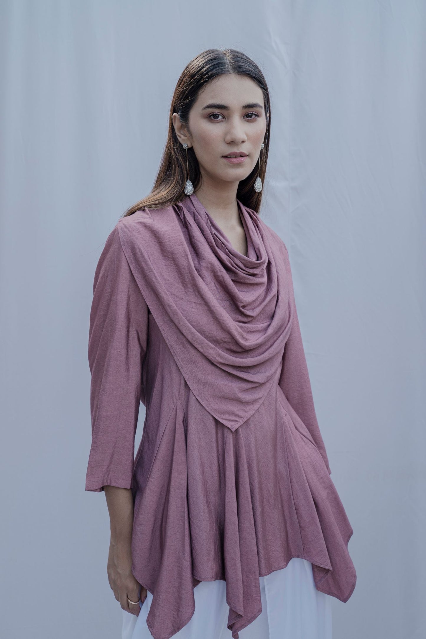 Dream Cowl Top in Mauve and Tulip Dhoti in White - Set-1