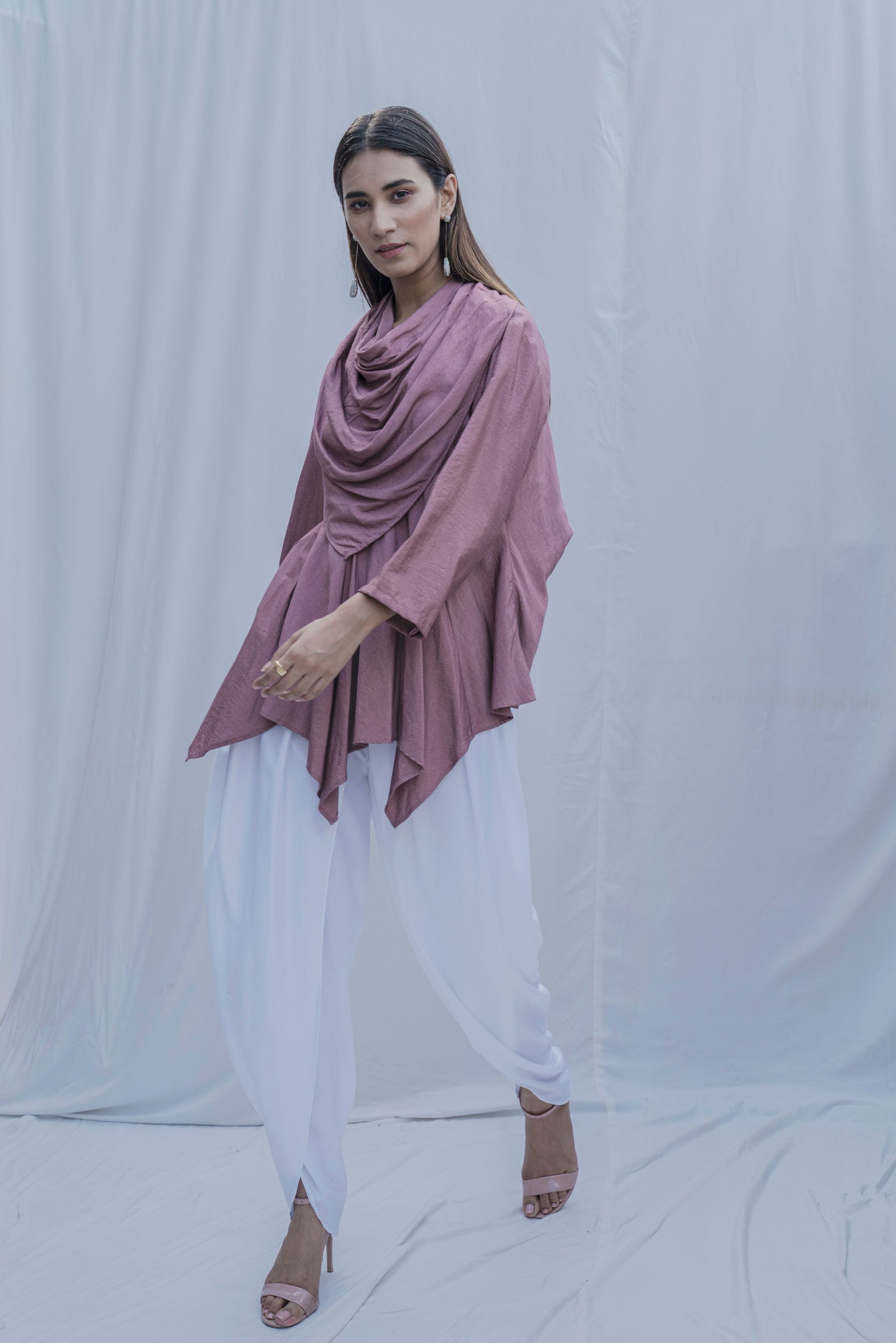 Dream Cowl Top in Mauve and Tulip Dhoti in White - Set-3