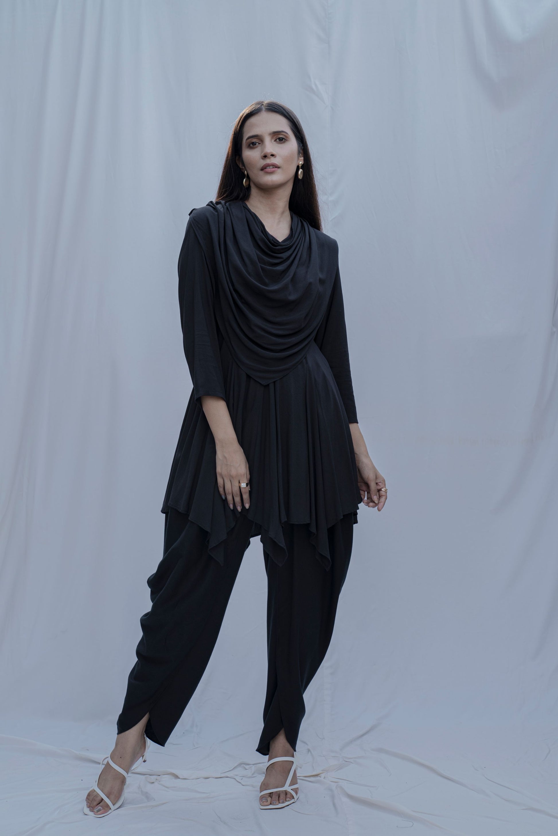 Dream Cowl Top and Tulip Dhoti Set in Black-0