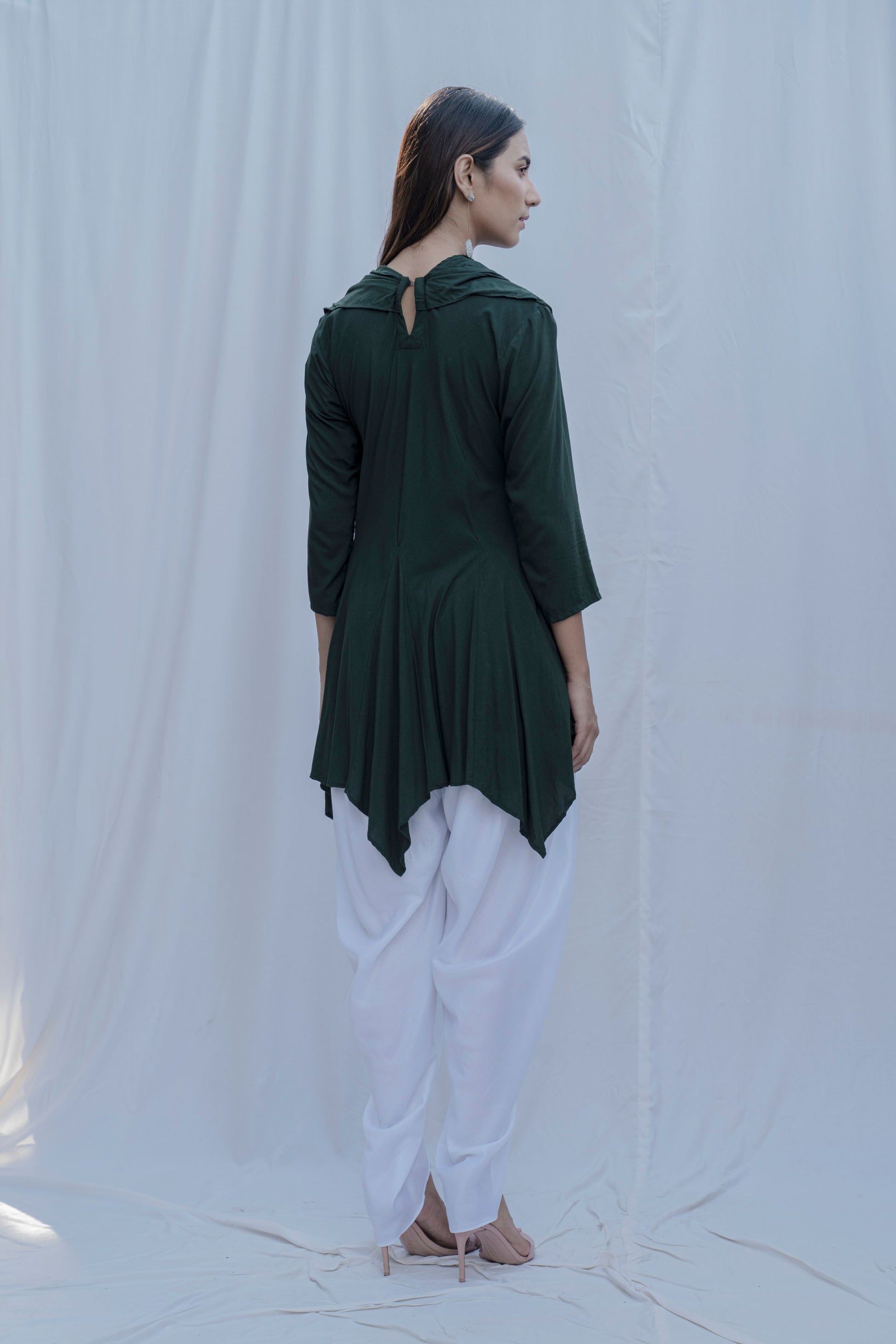 Dream Cowl Top in Bottle Green & Tulip Dhoti in White Set-1