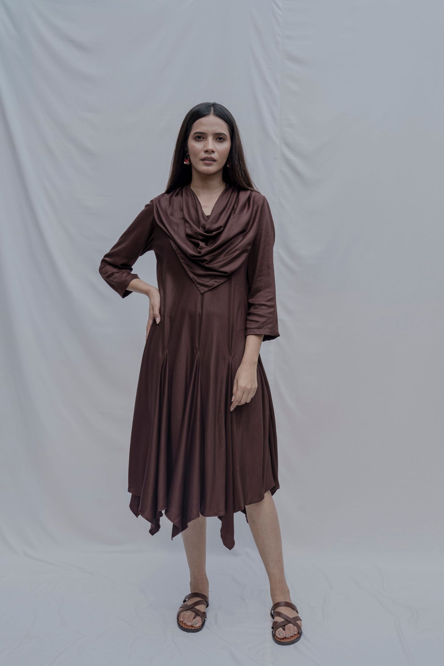 Dream- Brown Draped Cowl Dress-0