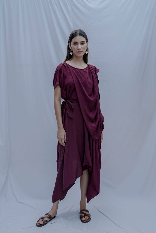 Jess- Wine Overlap Asymmetric Draped Dress-0