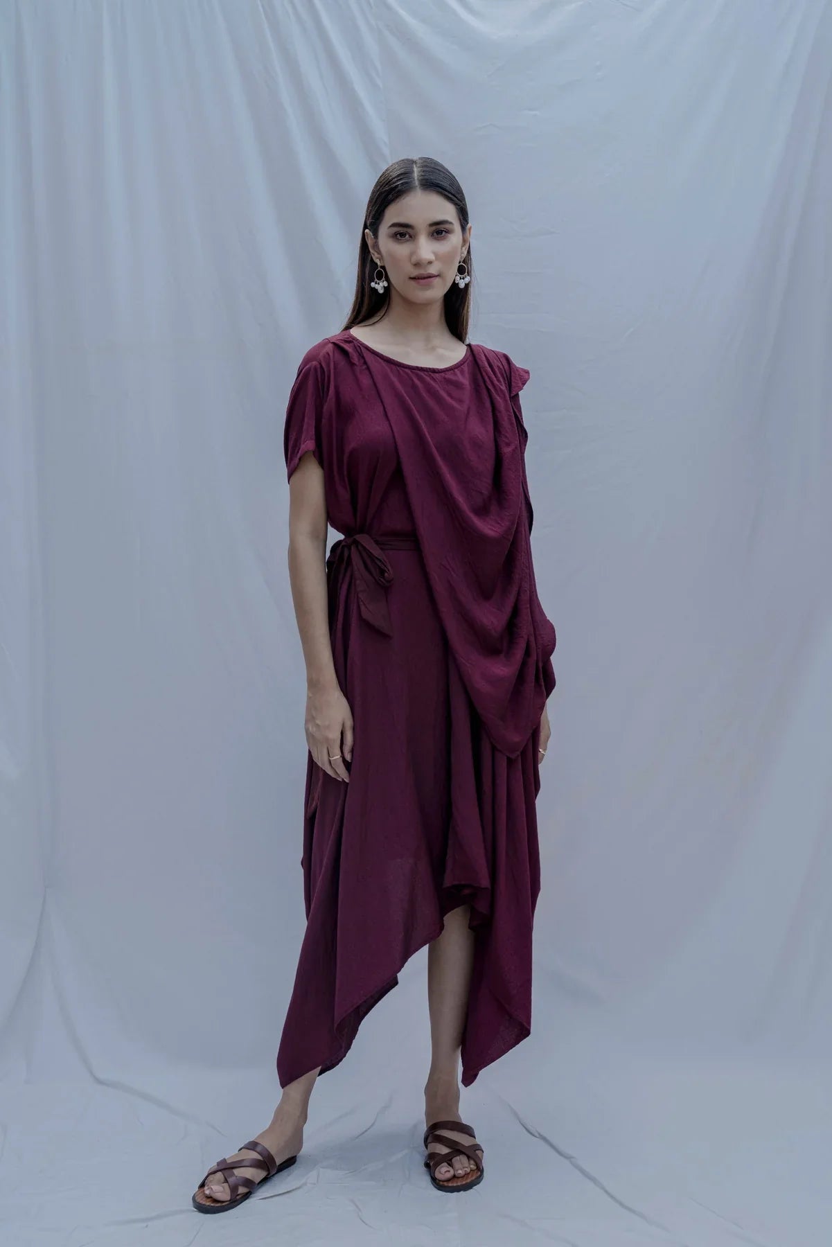 JESS OVERLAP ASYMMETRIC DRESS IN WINE-0