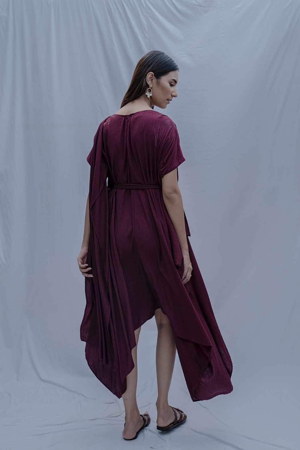 Jess- Wine Overlap Asymmetric Draped Dress-1