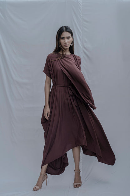 Jess- Brown Overlap Asymmetric Draped Dress-2