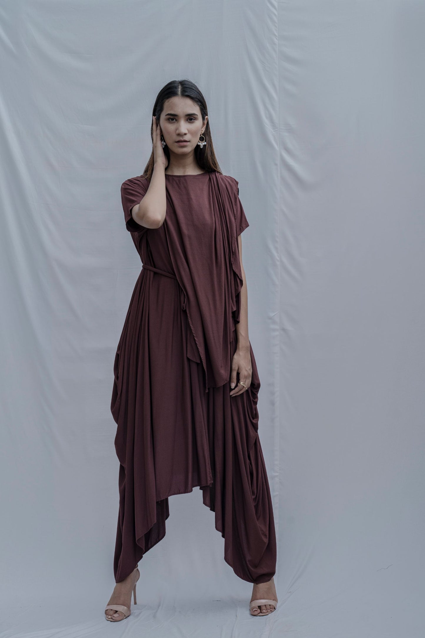 Jess- Brown Overlap Asymmetric Draped Dress-3