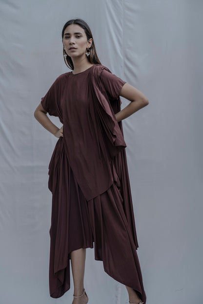 Jess- Brown Overlap Asymmetric Draped Dress-4