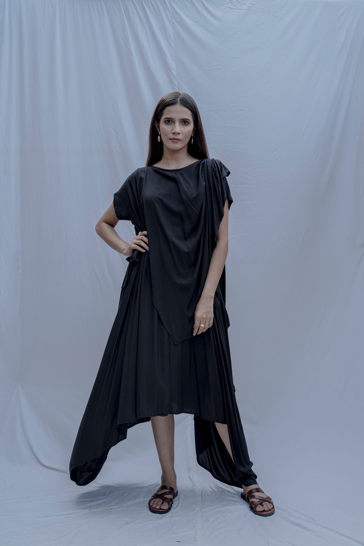 Jess- Black Overlap Asymmetric Draped Dress-0